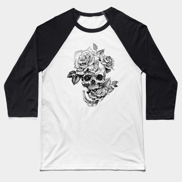 Black and White ink drawing Skull With Roses Baseball T-Shirt by Saraknid